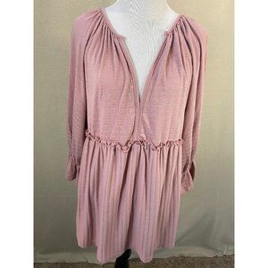 Ces Lemme Mauve Textured Striped Deep V-Neck Long Sleeve Shirt, Size Medium